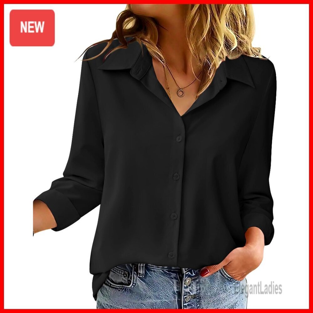 Long Sleeve Button Down Blouse, V-Neck, Regular Fit, Lightweight Polyester Blend
